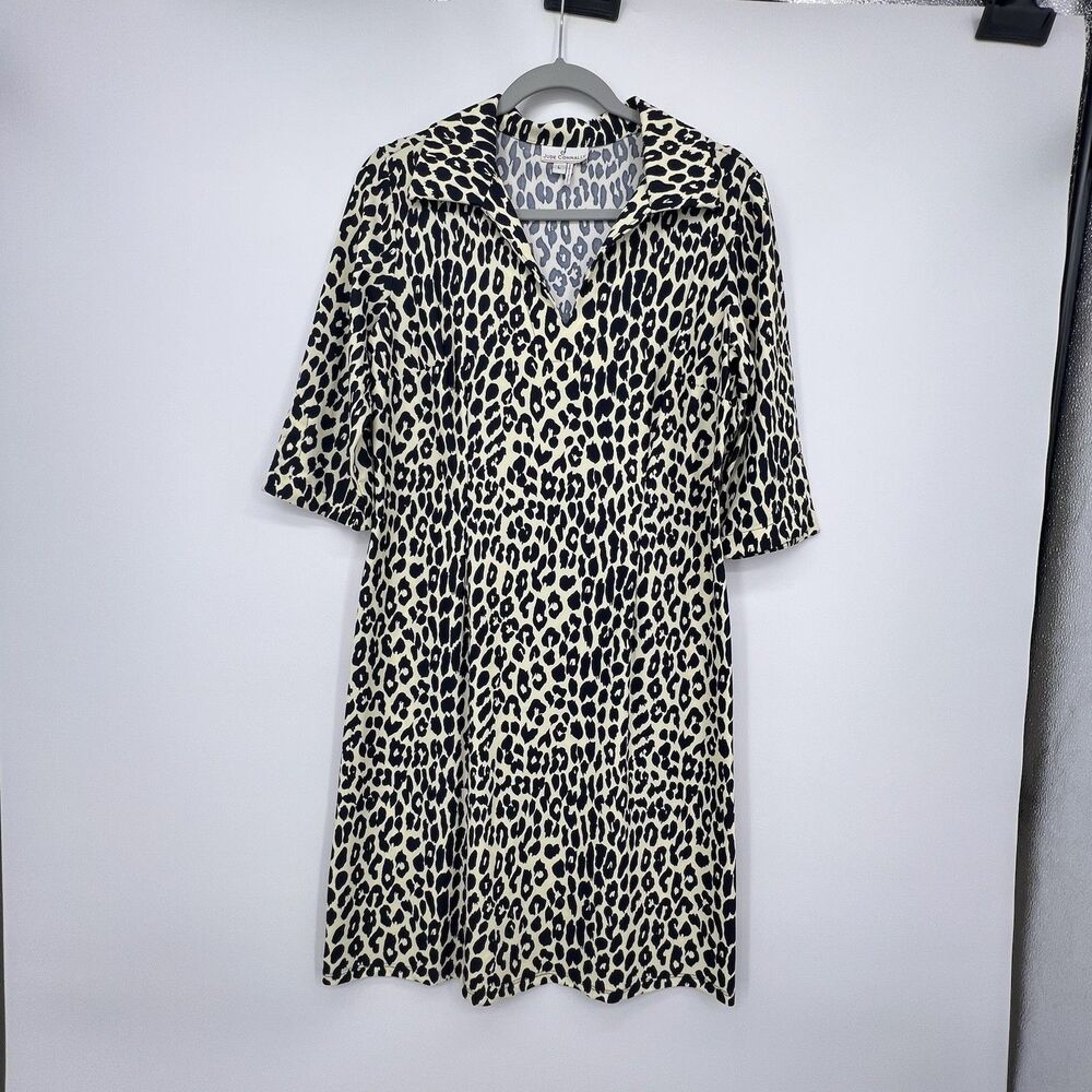 Jude Connally Animal Print Shift Dress Sz L Stretch Knee Length V neck Style 112